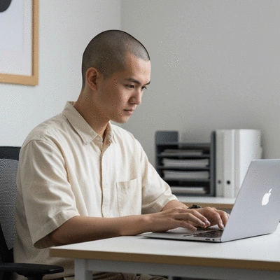 Person researching branded keywords on a laptop with a focused expression, clean office setting, no text, no words, no typography, 8K