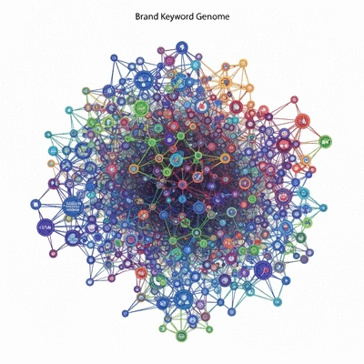 Abstract visualization of a brand keyword genome, showing interconnected concepts and data points forming a unique brand identity, clean image