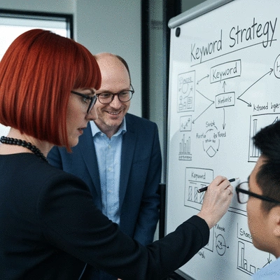 Team collaborating on a keyword strategy whiteboard, diverse group, modern office, no text, no words, no typography, 8K