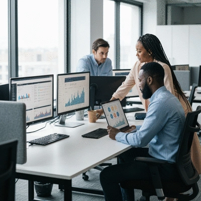 Professional team collaborating on a content amplification strategy, analyzing data on screens, in a modern office with natural light