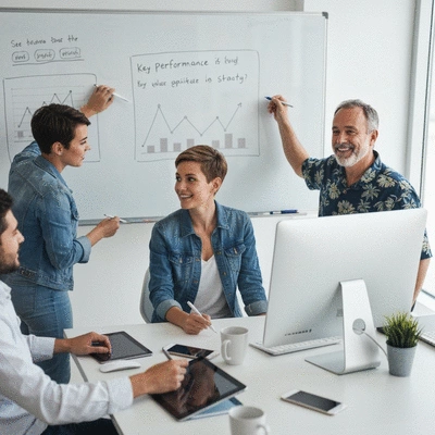 Small business team collaborating on a digital marketing strategy, using a whiteboard and modern tech