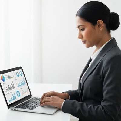 Professional business person analyzing data on a laptop, with charts and graphs on screen, representing KPI measurement and strategy adaptation, clean image