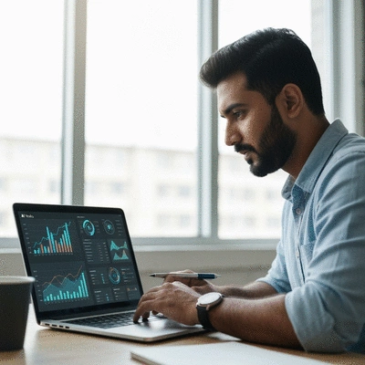 Small business owner analyzing data on a laptop with AI tools, surrounded by modern office elements