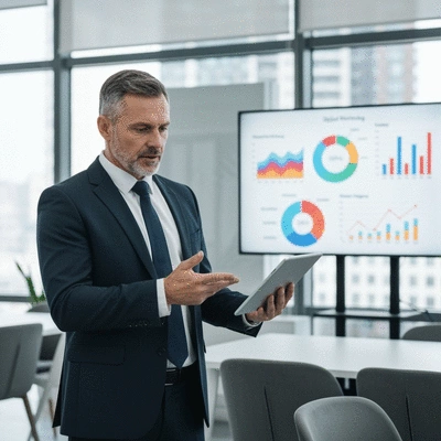 Professional demonstrating digital marketing strategies on a tablet, with charts and graphs in the background