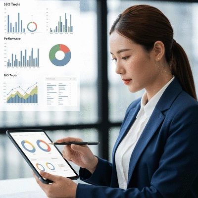 Person evaluating various SEO tools on a tablet, with charts and graphs in the background