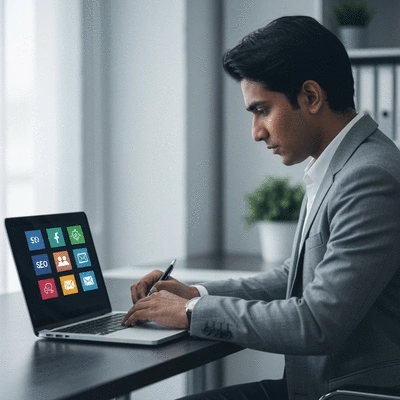 Digital marketing professional working on a laptop, surrounded by icons representing SEO, social media, and email marketing, illustrating cross-channel strategy